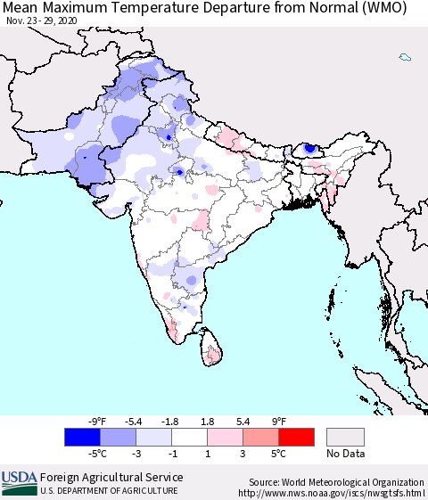 Southern Asia Mean Maximum Temperature Departure from Normal (WMO) Thematic Map For 11/23/2020 - 11/29/2020