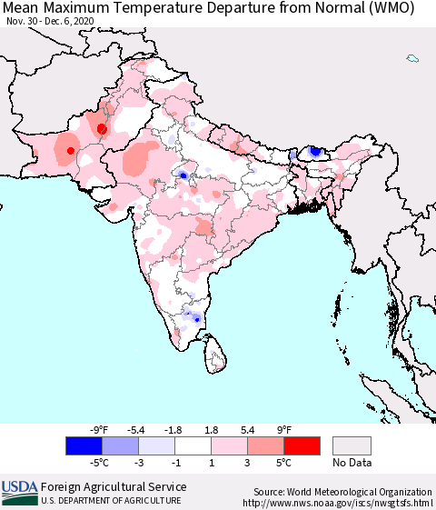 Southern Asia Maximum Temperature Departure From Normal (WMO) Thematic Map For 11/30/2020 - 12/6/2020