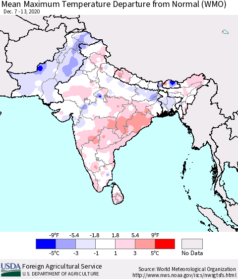 Southern Asia Mean Maximum Temperature Departure from Normal (WMO) Thematic Map For 12/7/2020 - 12/13/2020
