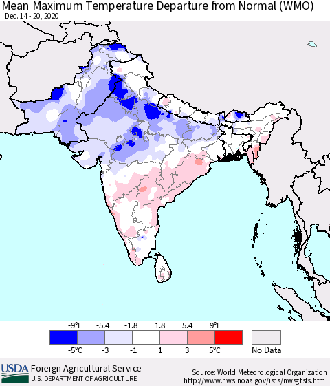 Southern Asia Mean Maximum Temperature Departure from Normal (WMO) Thematic Map For 12/14/2020 - 12/20/2020