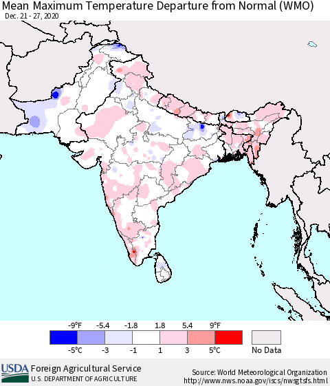 Southern Asia Mean Maximum Temperature Departure from Normal (WMO) Thematic Map For 12/21/2020 - 12/27/2020