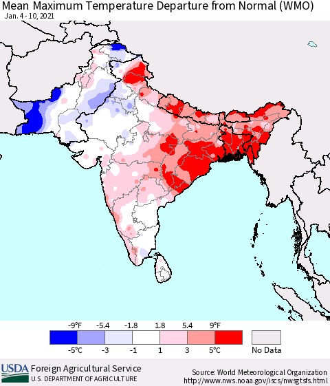Southern Asia Mean Maximum Temperature Departure from Normal (WMO) Thematic Map For 1/4/2021 - 1/10/2021