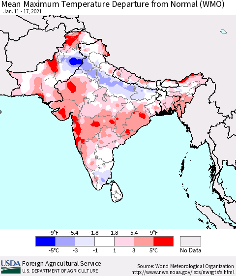 Southern Asia Mean Maximum Temperature Departure from Normal (WMO) Thematic Map For 1/11/2021 - 1/17/2021