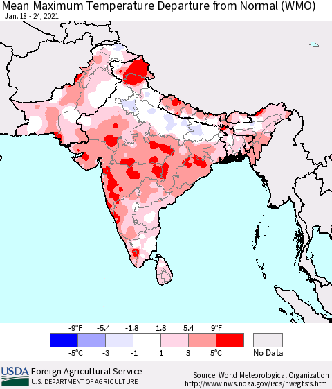 Southern Asia Maximum Temperature Departure From Normal (WMO) Thematic Map For 1/18/2021 - 1/24/2021