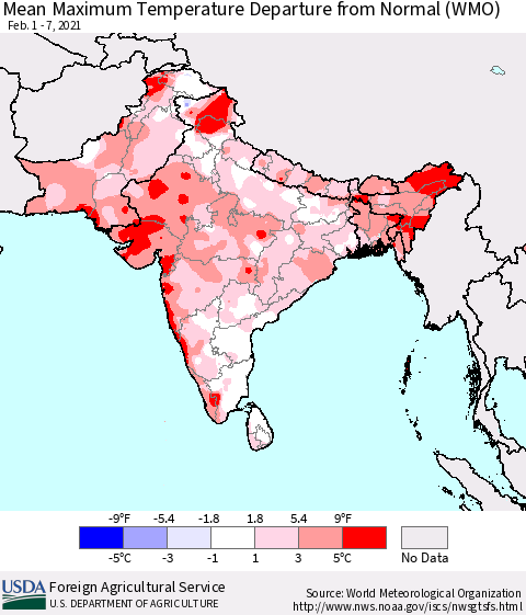 Southern Asia Mean Maximum Temperature Departure from Normal (WMO) Thematic Map For 2/1/2021 - 2/7/2021