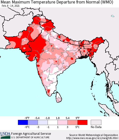 Southern Asia Mean Maximum Temperature Departure from Normal (WMO) Thematic Map For 2/8/2021 - 2/14/2021