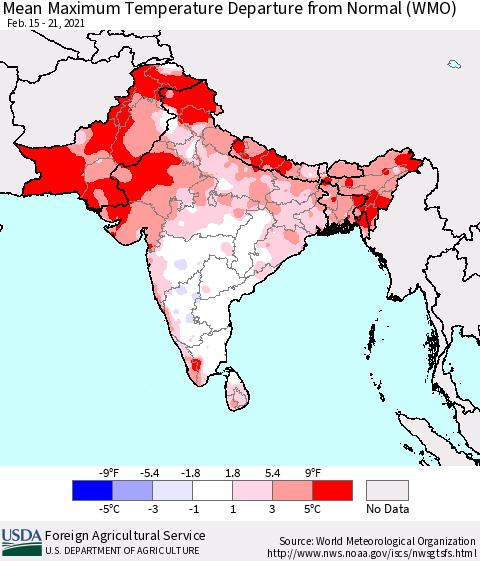 Southern Asia Maximum Temperature Departure From Normal (WMO) Thematic Map For 2/15/2021 - 2/21/2021