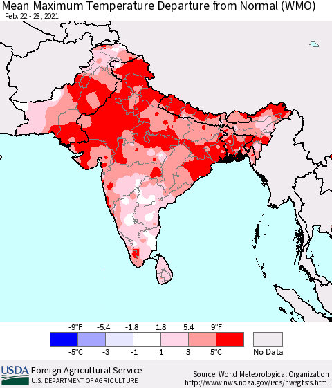 Southern Asia Maximum Temperature Departure From Normal (WMO) Thematic Map For 2/22/2021 - 2/28/2021