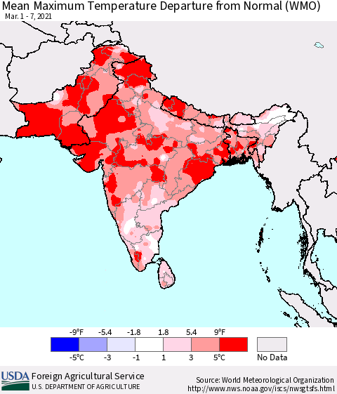 Southern Asia Maximum Temperature Departure From Normal (WMO) Thematic Map For 3/1/2021 - 3/7/2021