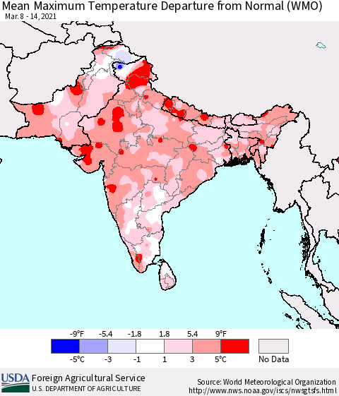 Southern Asia Maximum Temperature Departure From Normal (WMO) Thematic Map For 3/8/2021 - 3/14/2021