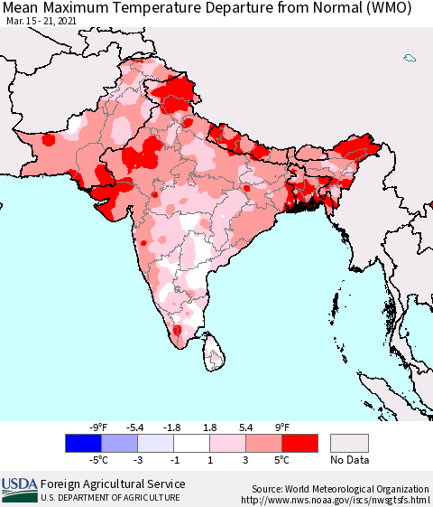 Southern Asia Mean Maximum Temperature Departure from Normal (WMO) Thematic Map For 3/15/2021 - 3/21/2021