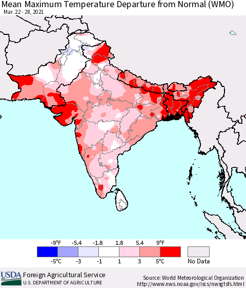 Southern Asia Mean Maximum Temperature Departure from Normal (WMO) Thematic Map For 3/22/2021 - 3/28/2021