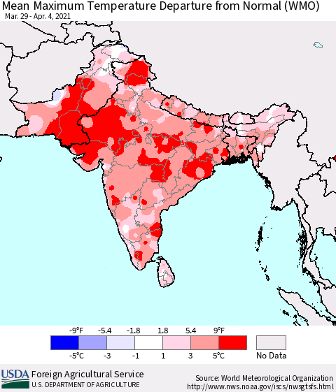 Southern Asia Maximum Temperature Departure From Normal (WMO) Thematic Map For 3/29/2021 - 4/4/2021