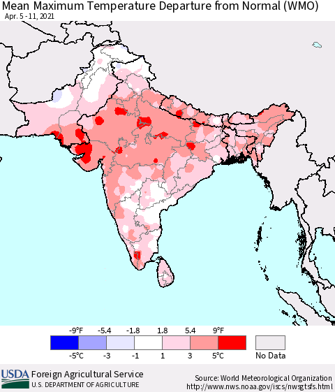 Southern Asia Maximum Temperature Departure From Normal (WMO) Thematic Map For 4/5/2021 - 4/11/2021