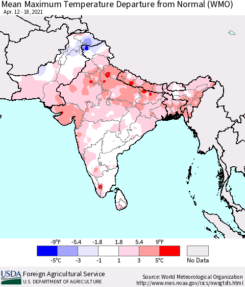 Southern Asia Maximum Temperature Departure From Normal (WMO) Thematic Map For 4/12/2021 - 4/18/2021