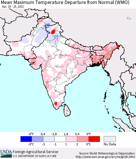 Southern Asia Mean Maximum Temperature Departure from Normal (WMO) Thematic Map For 4/19/2021 - 4/25/2021