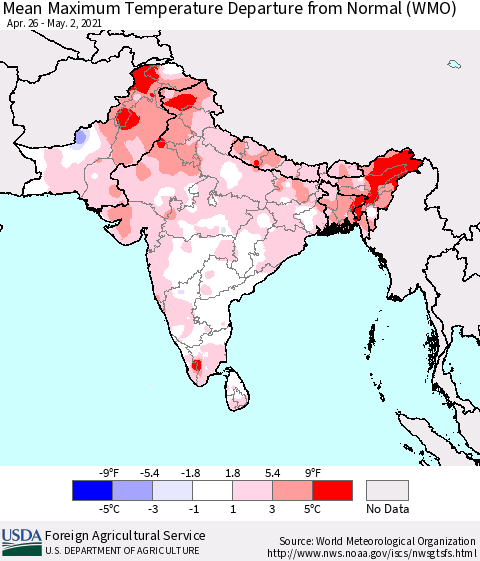 Southern Asia Mean Maximum Temperature Departure from Normal (WMO) Thematic Map For 4/26/2021 - 5/2/2021