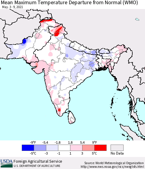 Southern Asia Mean Maximum Temperature Departure from Normal (WMO) Thematic Map For 5/3/2021 - 5/9/2021