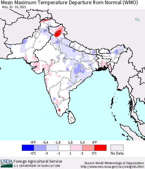 Southern Asia Mean Maximum Temperature Departure from Normal (WMO) Thematic Map For 5/10/2021 - 5/16/2021