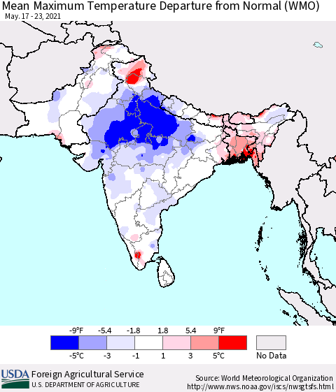 Southern Asia Mean Maximum Temperature Departure from Normal (WMO) Thematic Map For 5/17/2021 - 5/23/2021