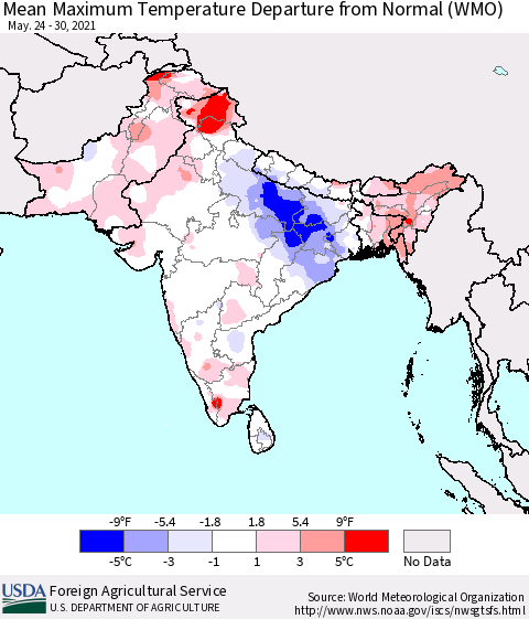 Southern Asia Mean Maximum Temperature Departure from Normal (WMO) Thematic Map For 5/24/2021 - 5/30/2021