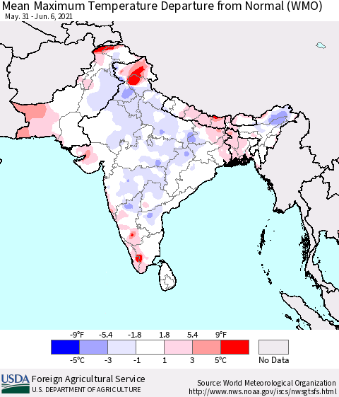 Southern Asia Mean Maximum Temperature Departure from Normal (WMO) Thematic Map For 5/31/2021 - 6/6/2021