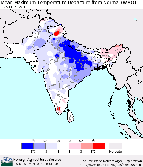 Southern Asia Mean Maximum Temperature Departure from Normal (WMO) Thematic Map For 6/14/2021 - 6/20/2021