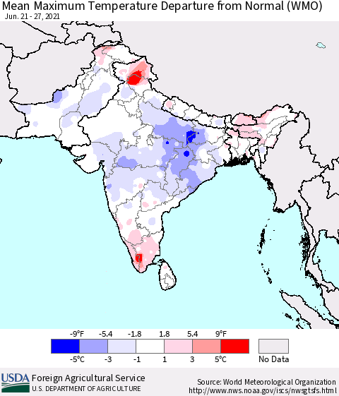 Southern Asia Mean Maximum Temperature Departure from Normal (WMO) Thematic Map For 6/21/2021 - 6/27/2021