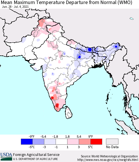 Southern Asia Mean Maximum Temperature Departure from Normal (WMO) Thematic Map For 6/28/2021 - 7/4/2021