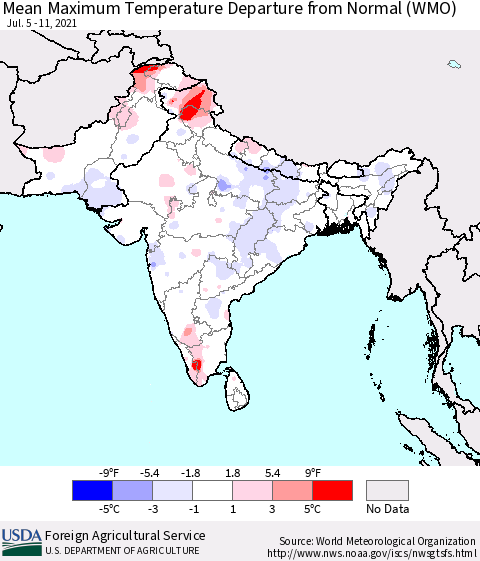 Southern Asia Mean Maximum Temperature Departure from Normal (WMO) Thematic Map For 7/5/2021 - 7/11/2021
