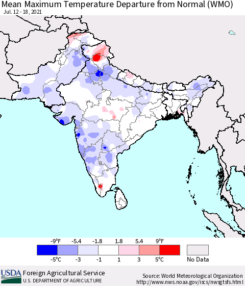 Southern Asia Mean Maximum Temperature Departure from Normal (WMO) Thematic Map For 7/12/2021 - 7/18/2021