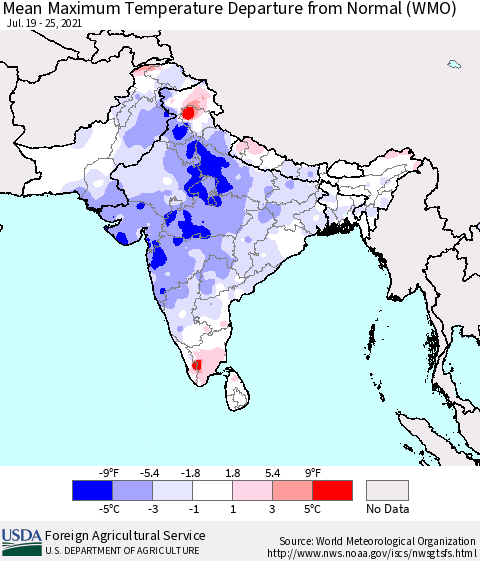 Southern Asia Mean Maximum Temperature Departure from Normal (WMO) Thematic Map For 7/19/2021 - 7/25/2021