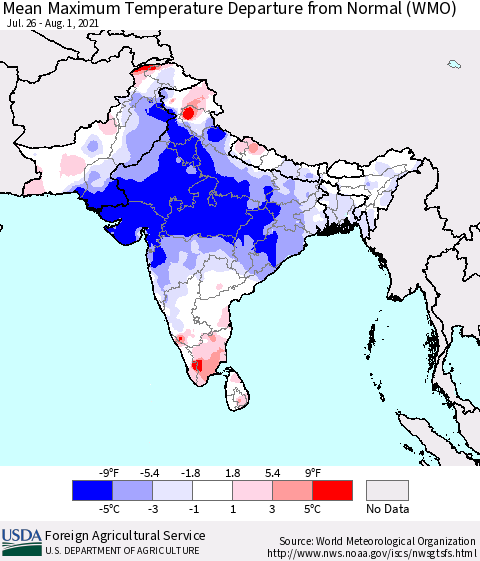 Southern Asia Mean Maximum Temperature Departure from Normal (WMO) Thematic Map For 7/26/2021 - 8/1/2021