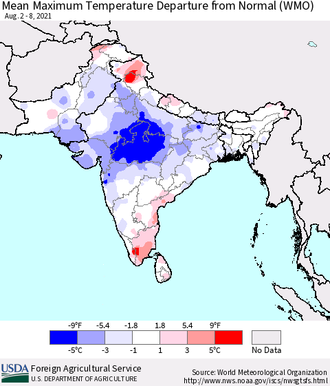Southern Asia Maximum Temperature Departure From Normal (WMO) Thematic Map For 8/2/2021 - 8/8/2021