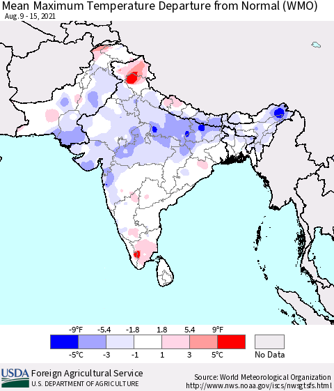 Southern Asia Maximum Temperature Departure From Normal (WMO) Thematic Map For 8/9/2021 - 8/15/2021