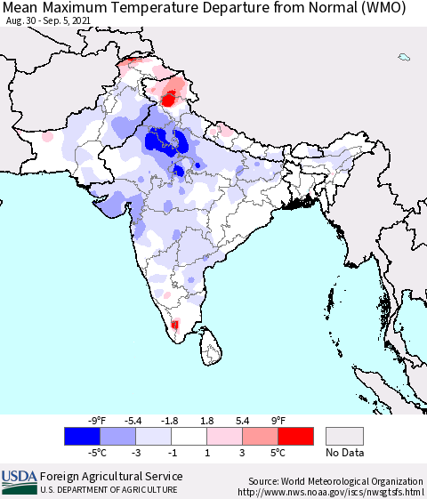 Southern Asia Maximum Temperature Departure From Normal (WMO) Thematic Map For 8/30/2021 - 9/5/2021