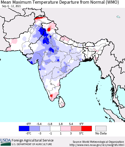 Southern Asia Mean Maximum Temperature Departure from Normal (WMO) Thematic Map For 9/6/2021 - 9/12/2021