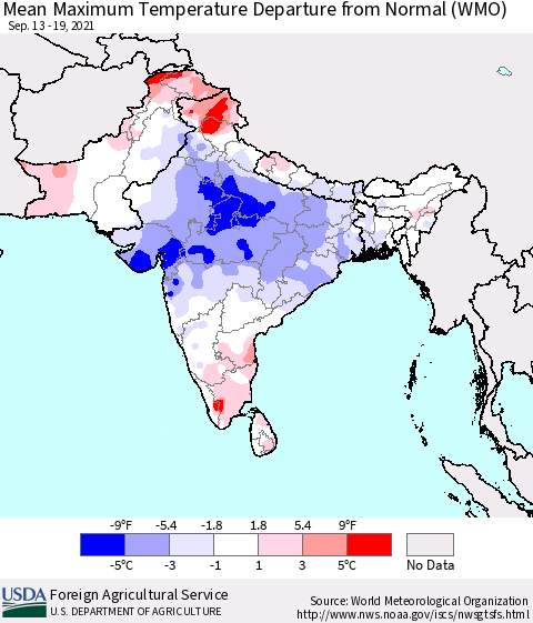 Southern Asia Mean Maximum Temperature Departure from Normal (WMO) Thematic Map For 9/13/2021 - 9/19/2021