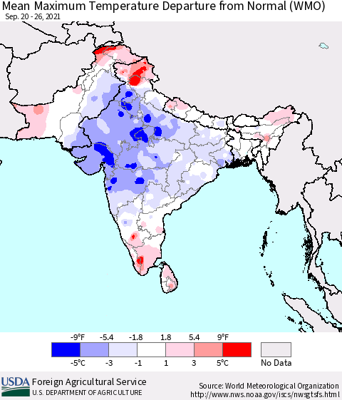 Southern Asia Maximum Temperature Departure From Normal (WMO) Thematic Map For 9/20/2021 - 9/26/2021