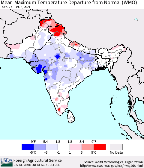 Southern Asia Mean Maximum Temperature Departure from Normal (WMO) Thematic Map For 9/27/2021 - 10/3/2021