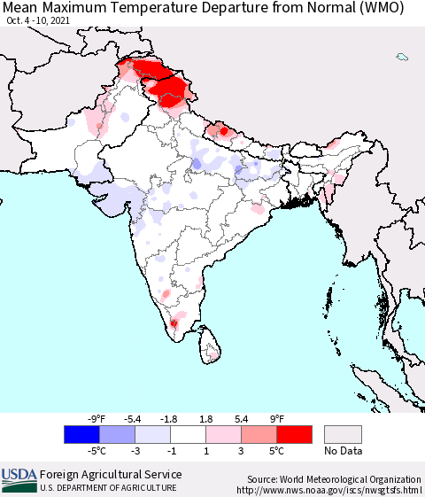 Southern Asia Mean Maximum Temperature Departure from Normal (WMO) Thematic Map For 10/4/2021 - 10/10/2021
