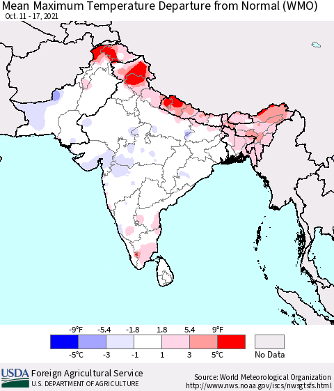 Southern Asia Mean Maximum Temperature Departure from Normal (WMO) Thematic Map For 10/11/2021 - 10/17/2021
