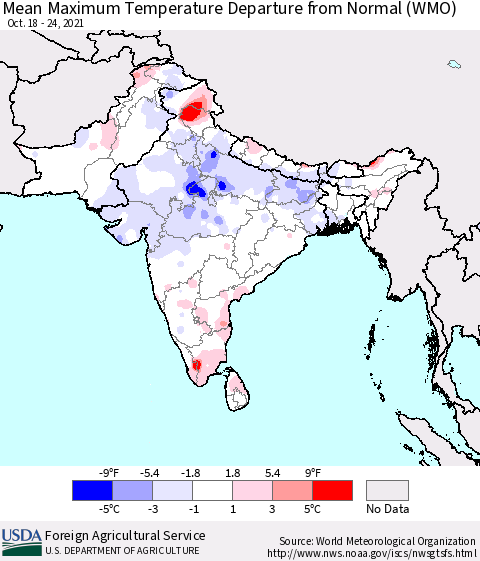 Southern Asia Mean Maximum Temperature Departure from Normal (WMO) Thematic Map For 10/18/2021 - 10/24/2021