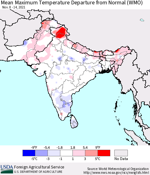 Southern Asia Mean Maximum Temperature Departure from Normal (WMO) Thematic Map For 11/8/2021 - 11/14/2021