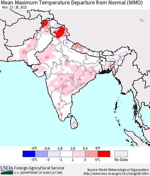 Southern Asia Mean Maximum Temperature Departure from Normal (WMO) Thematic Map For 11/22/2021 - 11/28/2021