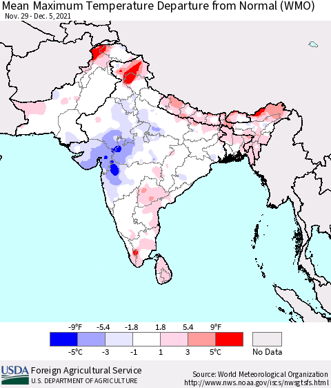 Southern Asia Mean Maximum Temperature Departure from Normal (WMO) Thematic Map For 11/29/2021 - 12/5/2021