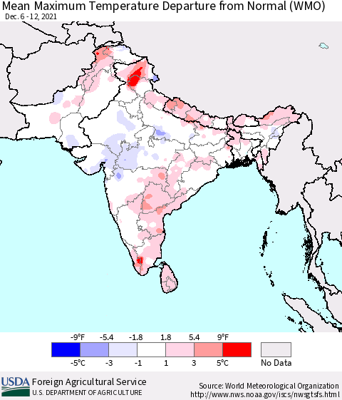 Southern Asia Maximum Temperature Departure From Normal (WMO) Thematic Map For 12/6/2021 - 12/12/2021