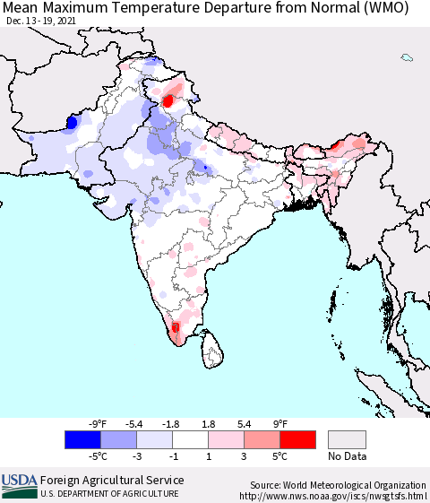 Southern Asia Mean Maximum Temperature Departure from Normal (WMO) Thematic Map For 12/13/2021 - 12/19/2021