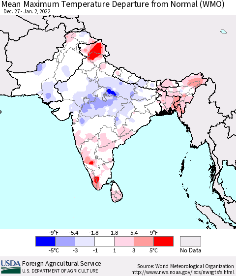 Southern Asia Mean Maximum Temperature Departure from Normal (WMO) Thematic Map For 12/27/2021 - 1/2/2022