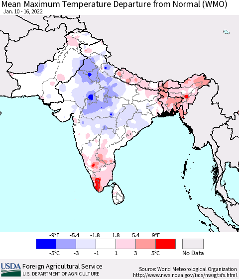 Southern Asia Maximum Temperature Departure From Normal (WMO) Thematic Map For 1/10/2022 - 1/16/2022